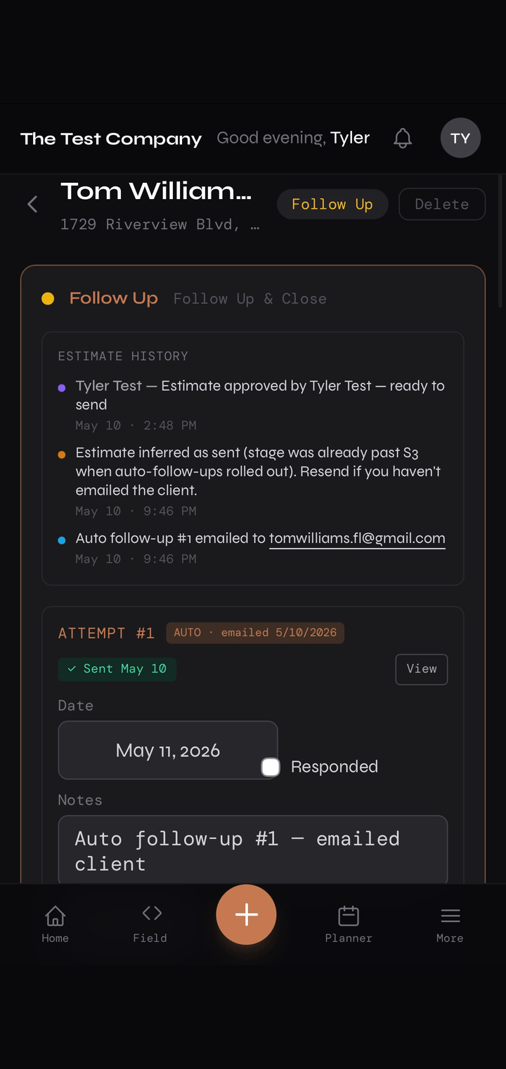 Automated follow-up sequence on the field app