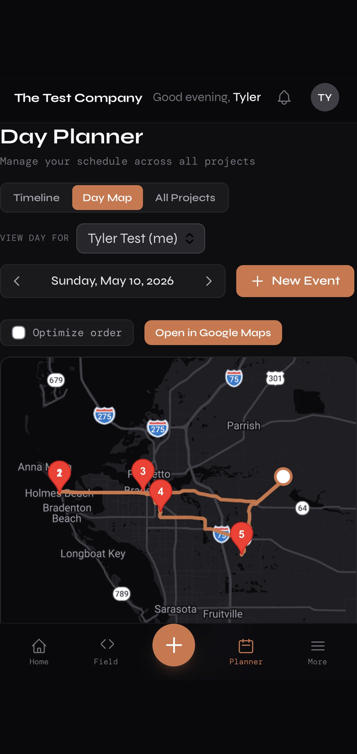 Day map on field app with optimized route